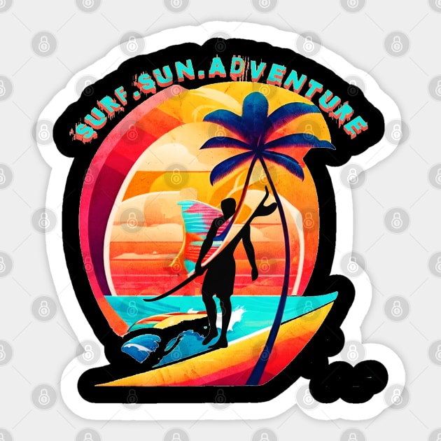 Surf Sun Adventure, Hello Summer Vintage Funny Surfer Riding Surf Surfing Lover Gifts Sticker by Customo